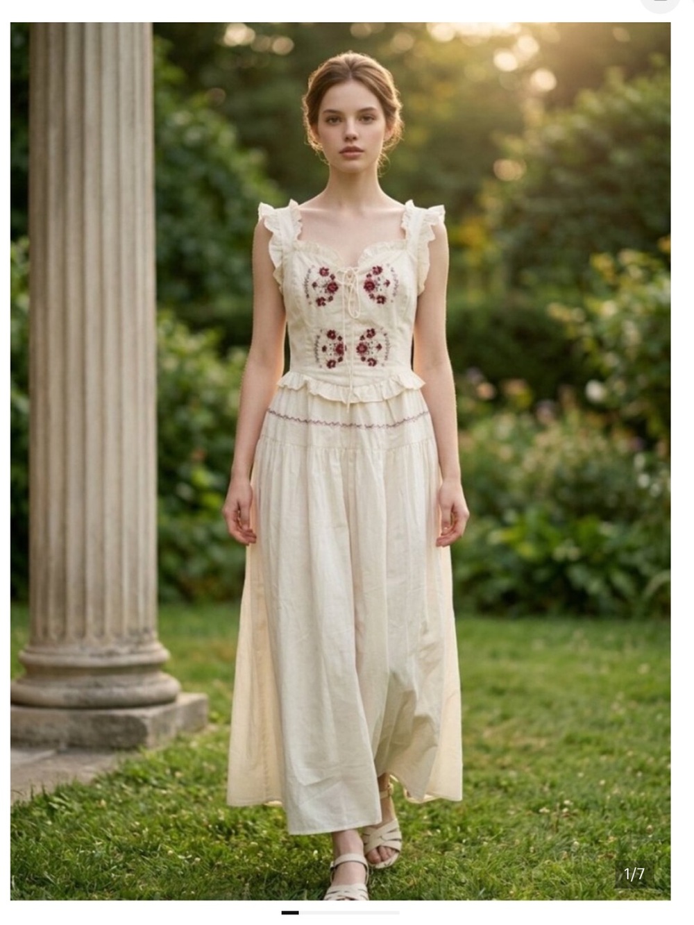 Moon River Romantic Cream Maxi Dress with Floral Embroidery